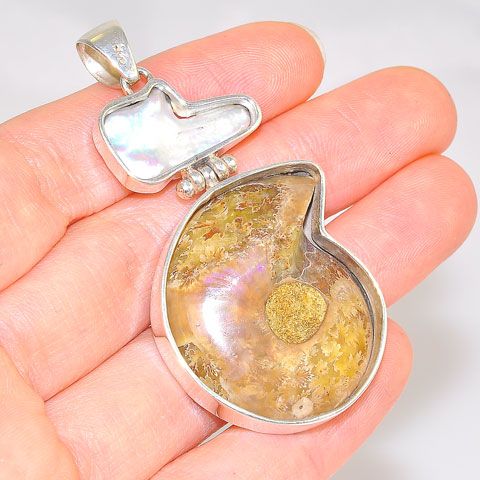 Sterling Silver Fossil Ammonite and Freeform Freshwater Pearl Duet Pendant