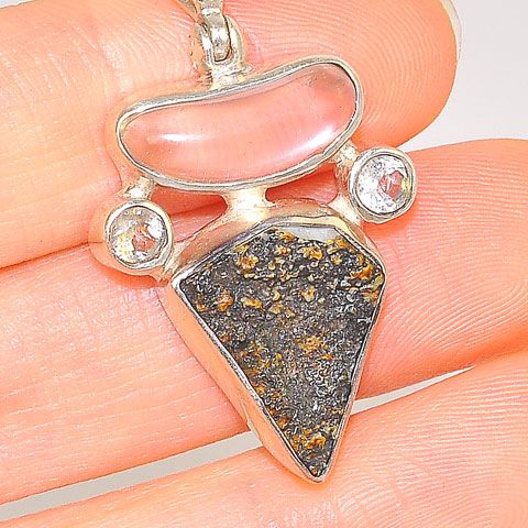 Sterling Silver Fossilized Dinosaur Bone, 3.3-Carats Quartz and 0.5-Carats White Topaz Pendant