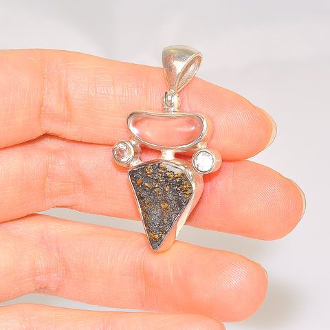 Sterling Silver Fossilized Dinosaur Bone, 3.3-Carats Quartz and 0.5-Carats White Topaz Pendant