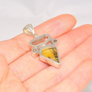 Sterling Silver Fossilized Dinosaur Bone, 3.3-Carats Quartz and 0.5-Carats White Topaz Pendant