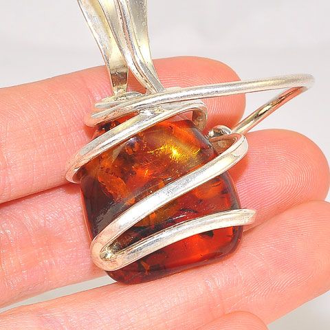 Sterling Silver Baltic Honey Amber Intricate Pendant