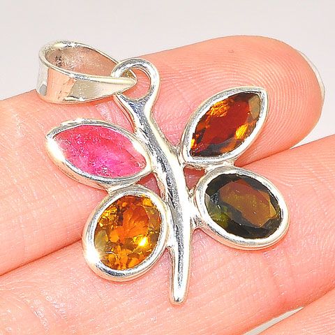 Sterling Silver India Multicolor Tourmaline Butterfly Pendant