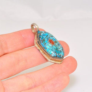 Silver Plated Tibetan Turquoise Chip and Coral Bead Pendant