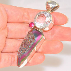 Sterling Silver Titanium Druzy, Clear Quartz and Pink Pearl Pendant