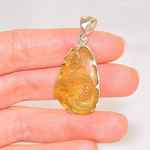 Sterling Silver 10.2-Carats Carved Baltic Honey Amber Snake Pendant