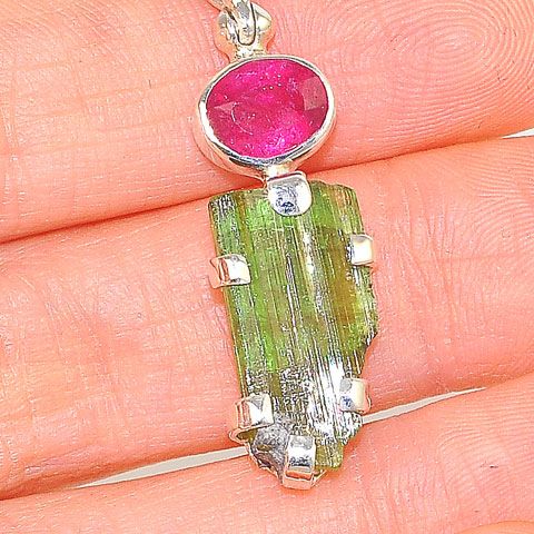 Sterling Silver 6.5-Carats Green Tourmaline Crystal and 1.2-Carats Pink Tourmaline Pendant