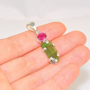 Sterling Silver 6.5-Carats Green Tourmaline Crystal and 1.2-Carats Pink Tourmaline Pendant