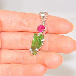 Sterling Silver 6.5-Carats Green Tourmaline Crystal and 1.2-Carats Pink Tourmaline Pendant