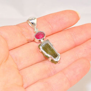 Sterling Silver 6.5-Carats Green Tourmaline Crystal and 1.2-Carats Pink Tourmaline Pendant