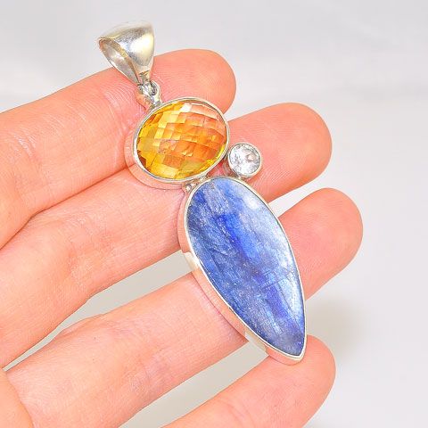 Sterling Silver 18.1-Carats Kyanite, 8.1-Carats Citrine and 0.6-Carats White Topaz Pendant