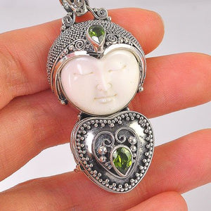 Sterling Silver Cow Bone Face, Peridot and Heart Locket Pendant