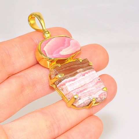 18K Gold Plated Over Brass 60.8-Carats Rhodochrosite Duet Pendant