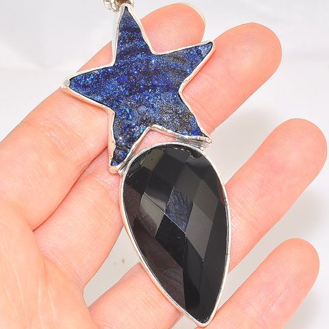 Sterling Silver Blue Druzy Star and Faceted Onyx Pendant