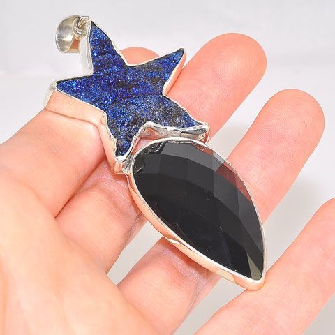 Sterling Silver Blue Druzy Star and Faceted Onyx Pendant