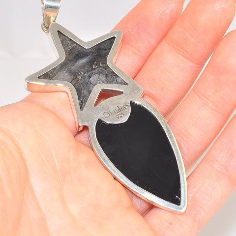 Sterling Silver Blue Druzy Star and Faceted Onyx Pendant