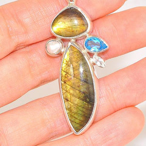 Sterling Silver 16.9-Carats Labradorite, 1-Carats Blue Topaz, 0.2-Carats White Topaz and Freshwater Pearl Pendant