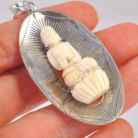 Sterling Silver Carved Bone Buddha Pendant