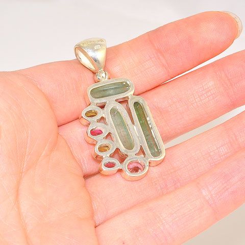 Sterling Silver Green Tourmaline Crystal, Green Tourmaline and Pink Tourmaline Pendant