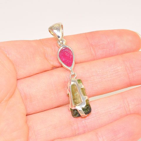Sterling Silver 7.1-Carats Green Tourmaline Crystal and 1.9-Carats Pink Tourmaline Pendant