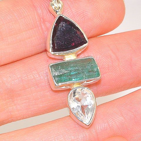 Sterling Silver 2.6-Carats Tourmaline, 2.3-Carats Green Tourmaline Crystal and 1.5-Carats White Topaz Pendant
