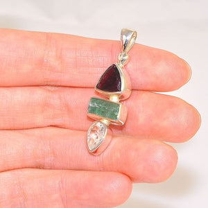 Sterling Silver 2.6-Carats Tourmaline, 2.3-Carats Green Tourmaline Crystal and 1.5-Carats White Topaz Pendant