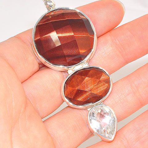 Sterling Silver Faceted Tiger Eye and White Quartz Pendant