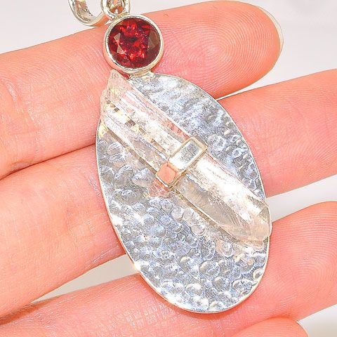 Sterling Silver Clear Quartz Crystal and Garnet Oval Pendant