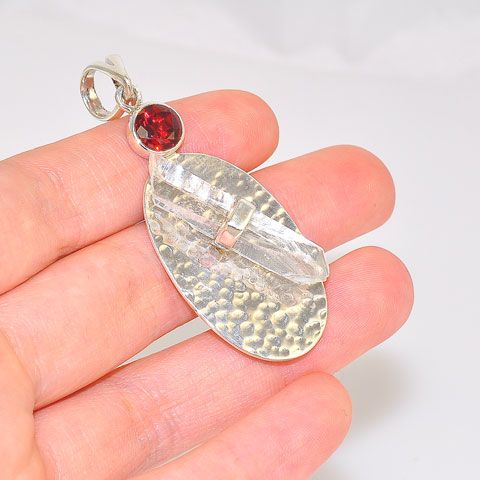 Sterling Silver Clear Quartz Crystal and Garnet Oval Pendant