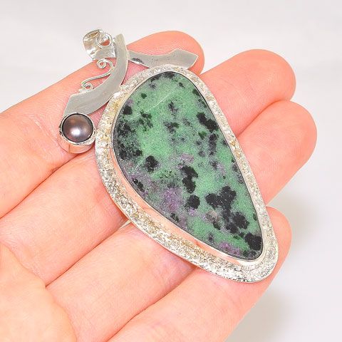 Sterling Silver Ruby Zoisite and Pearl Pendant