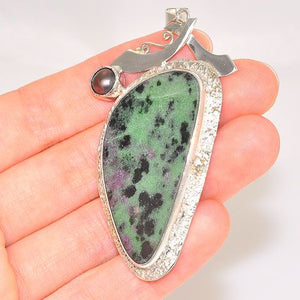 Sterling Silver Ruby Zoisite and Pearl Pendant