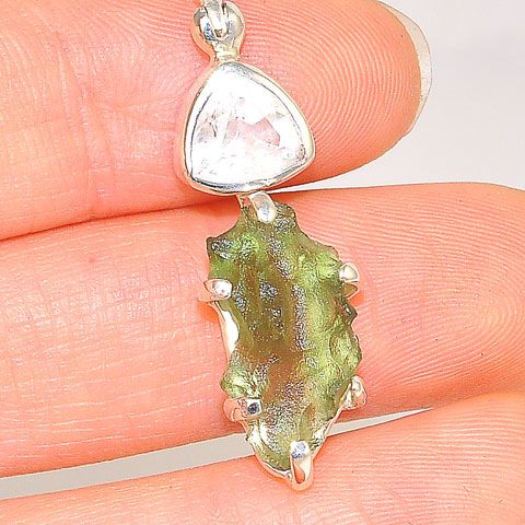 Sterling Silver 2.8-Carats Moldavite and 1.8-Carats White Topaz Pendant