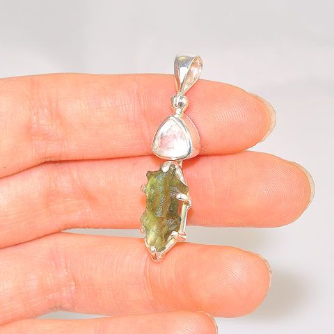 Sterling Silver 2.8-Carats Moldavite and 1.8-Carats White Topaz Pendant