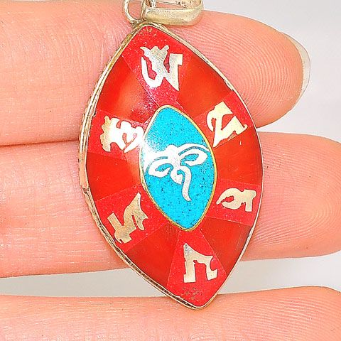 Sterling Silver Tibetan Coral and Turquoise Inlay Buddha Eye Pendant