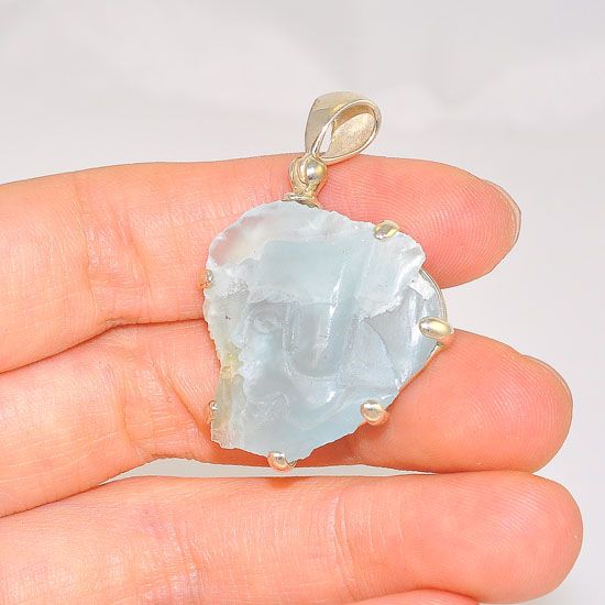 Sterling Silver 34.9 Carats Rough Aquamarine Carved Egyptian Figure Pendant