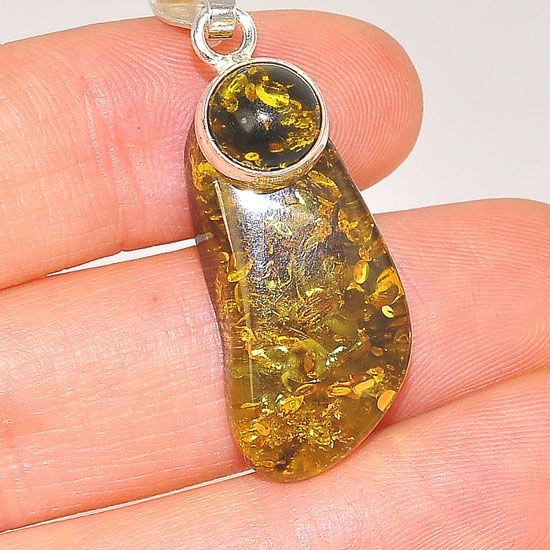 Sterling Silver Baltic Green Amber Duo Pendant