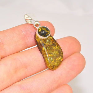 Sterling Silver Baltic Green Amber Duo Pendant