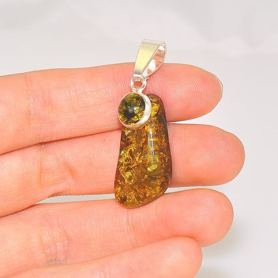 Sterling Silver Baltic Green Amber Duo Pendant