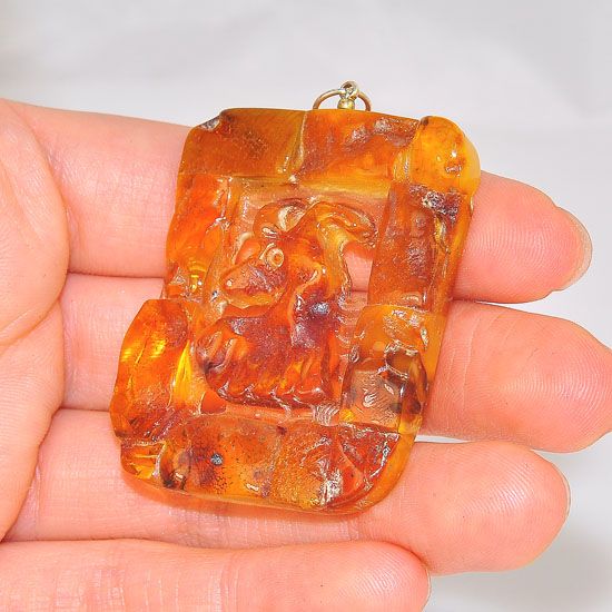 Sterling Silver Baltic Mosaic Amber Framed Carved Ram Pendant