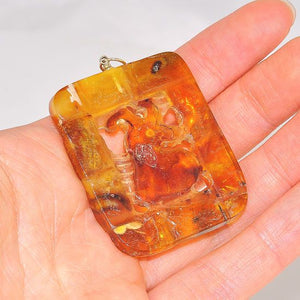 Sterling Silver Baltic Mosaic Amber Framed Carved Ram Pendant
