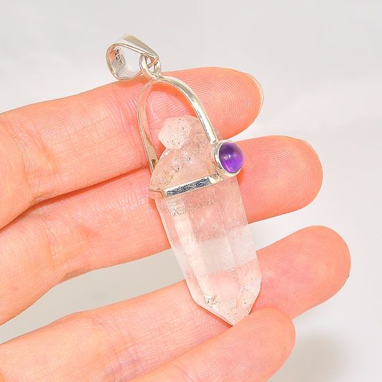 Sterling Silver Clear Quartz Crystal and Amethyst Bead Pendant