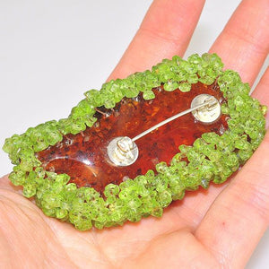Sterling Silver Baltic Honey Amber and Peridot Beaded Frame Pin