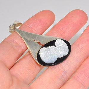 Sterling Silver Onyx and Mother of Pearl Vintage Broach Portrait Teardrop Pendant