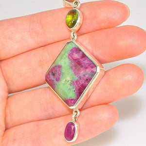 Sterling Silver Ruby Zoisite, Ruby and Green Tourmaline Trio Pendant