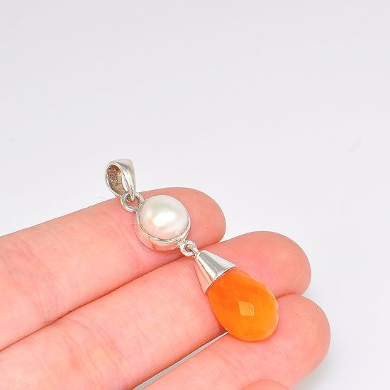 Sterling Silver Pearl and Carnelian Raindrop Duet Pendant