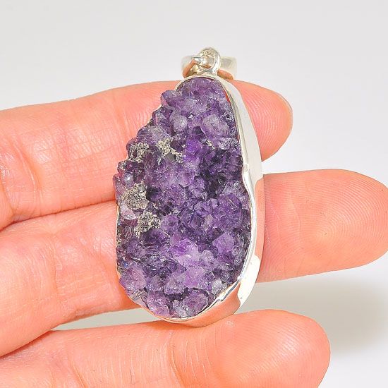 Sterling Silver Amethyst Crystal Cluster Oval Pendant