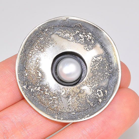 Oxidized and Textured Sterling Silver Pearl Medallion Pendant