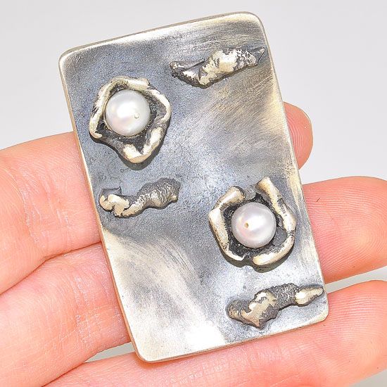 Oxidized Sterling Silver Vintage Unique Freshwater Pearl Design Rectangle Plate Pendant