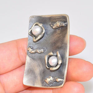 Oxidized Sterling Silver Vintage Unique Freshwater Pearl Design Rectangle Plate Pendant