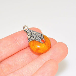 Silver Plated Tibetan Fire Copal and Coral Bead Teardrop Delicate Pendant