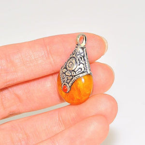 Silver Plated Tibetan Fire Copal and Coral Bead Teardrop Delicate Pendant